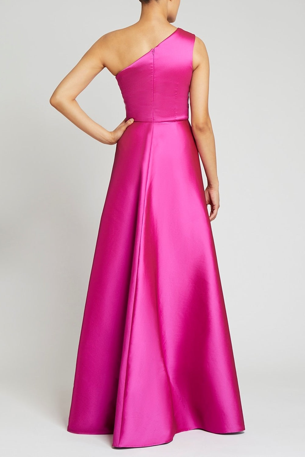 One Shoulder Bridesmaid Dress Fuchsia Wedding Guest Dress with Panel Train