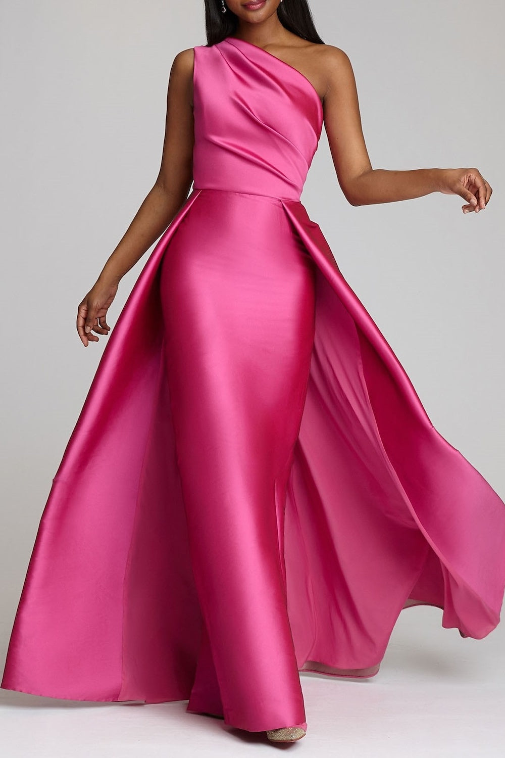 One Shoulder Bridesmaid Dress Fuchsia Wedding Guest Dress with Panel Train