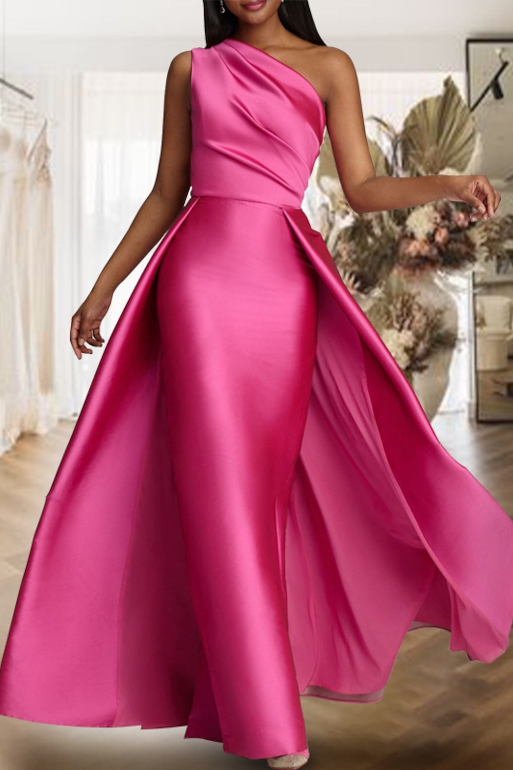 One Shoulder Bridesmaid Dress Fuchsia Wedding Guest Dress with Panel Train