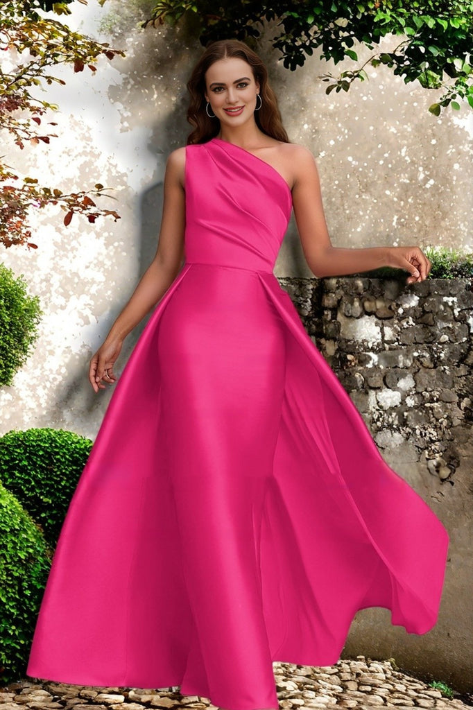 One Shoulder Bridesmaid Dress Fuchsia Wedding Guest Dress with