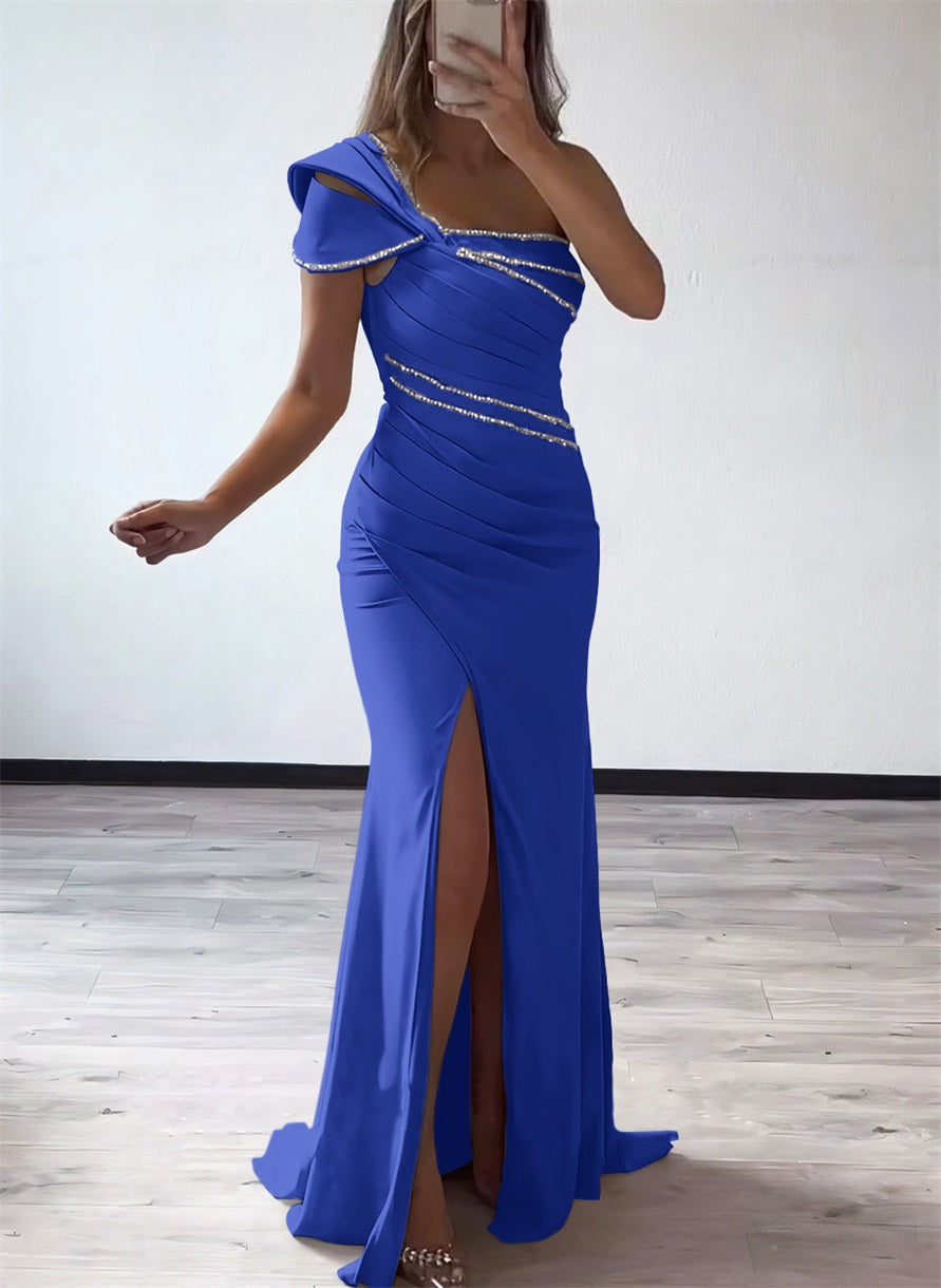 One Shoulder Elastic Satin Bridesmaid Dresses With Beading