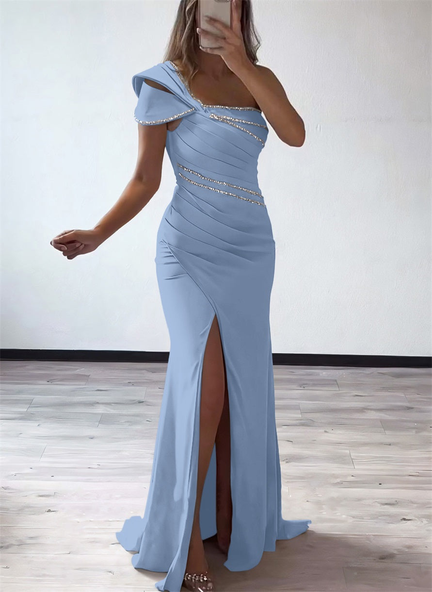 One Shoulder Elastic Satin Bridesmaid Dresses With Beading