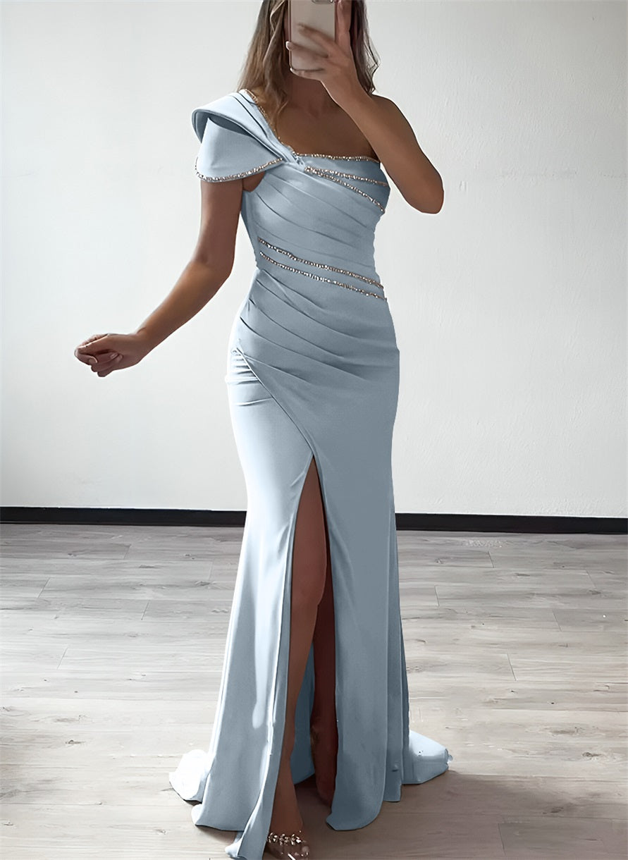 One Shoulder Elastic Satin Bridesmaid Dresses With Beading