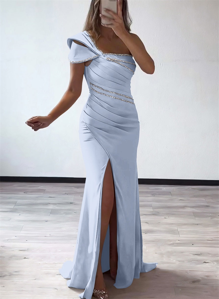 One Shoulder Elastic Satin Bridesmaid Dresses With Beading