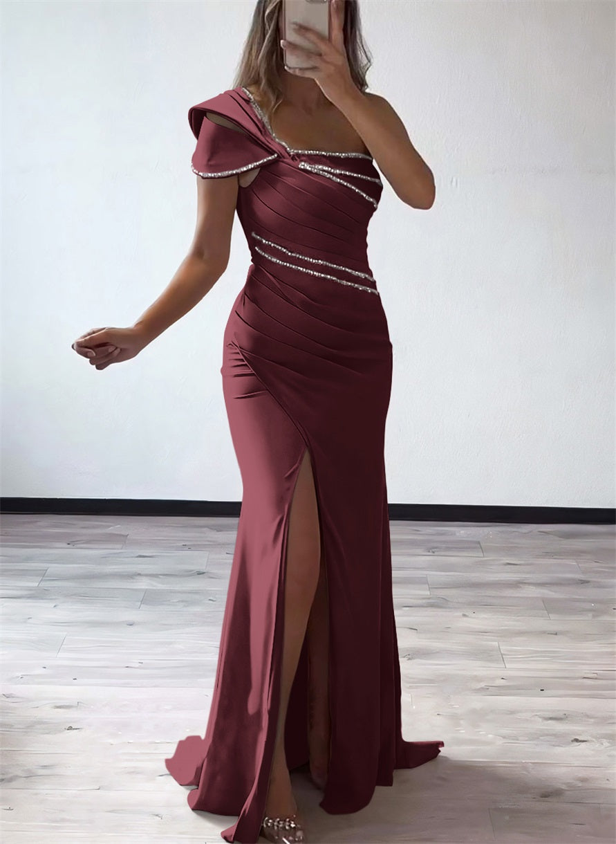 One Shoulder Elastic Satin Bridesmaid Dresses With Beading