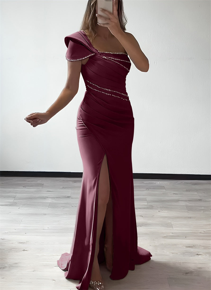 One Shoulder Elastic Satin Bridesmaid Dresses With Beading