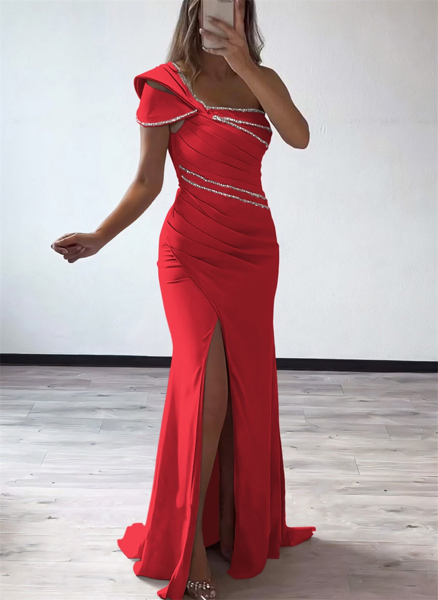 One Shoulder Elastic Satin Bridesmaid Dresses With Beading