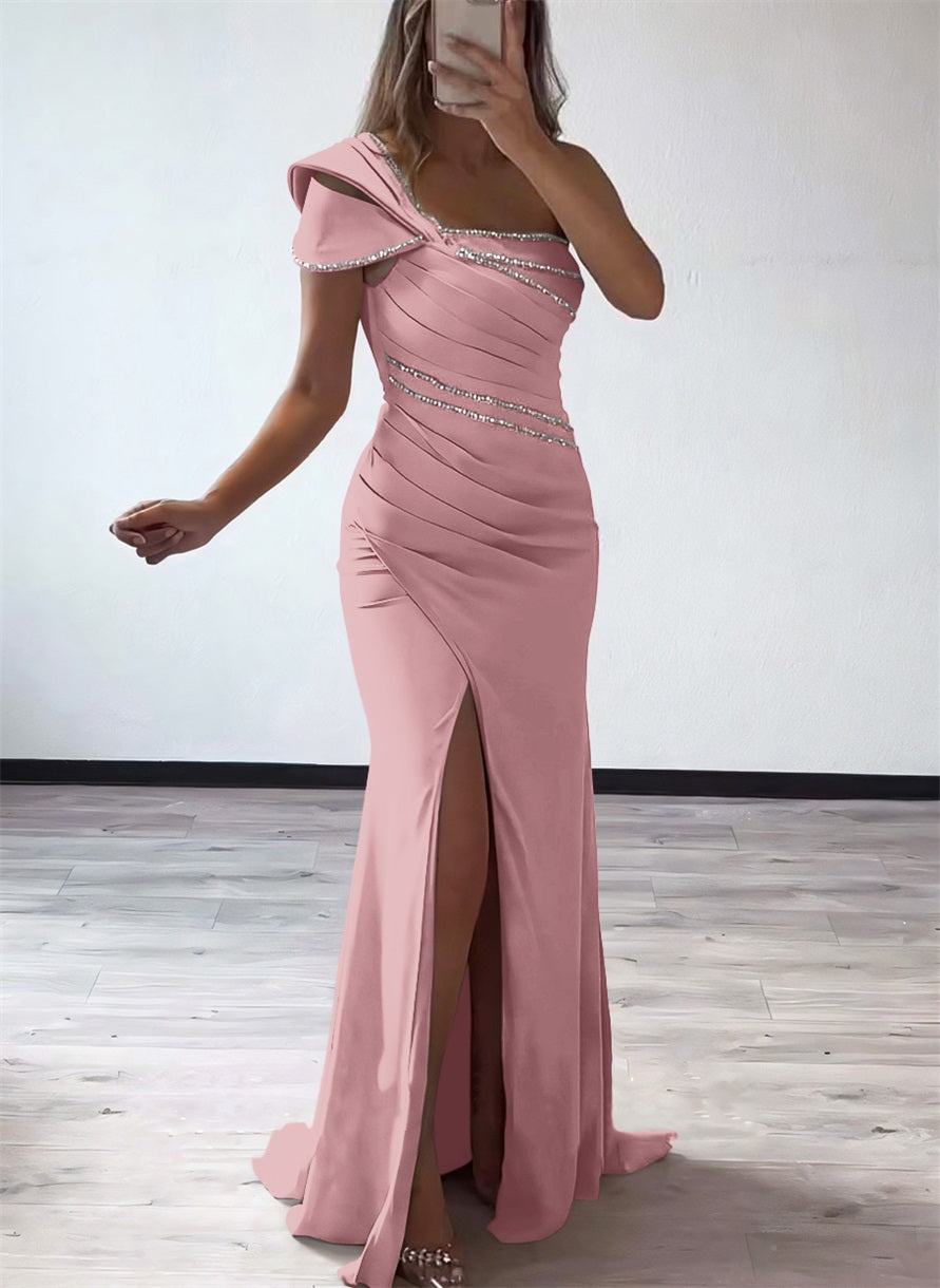 One Shoulder Elastic Satin Bridesmaid Dresses With Beading