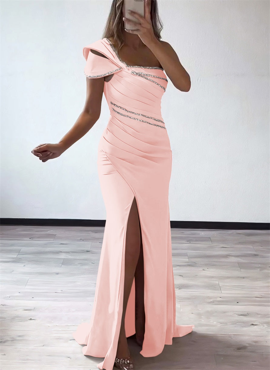 One Shoulder Elastic Satin Bridesmaid Dresses With Beading