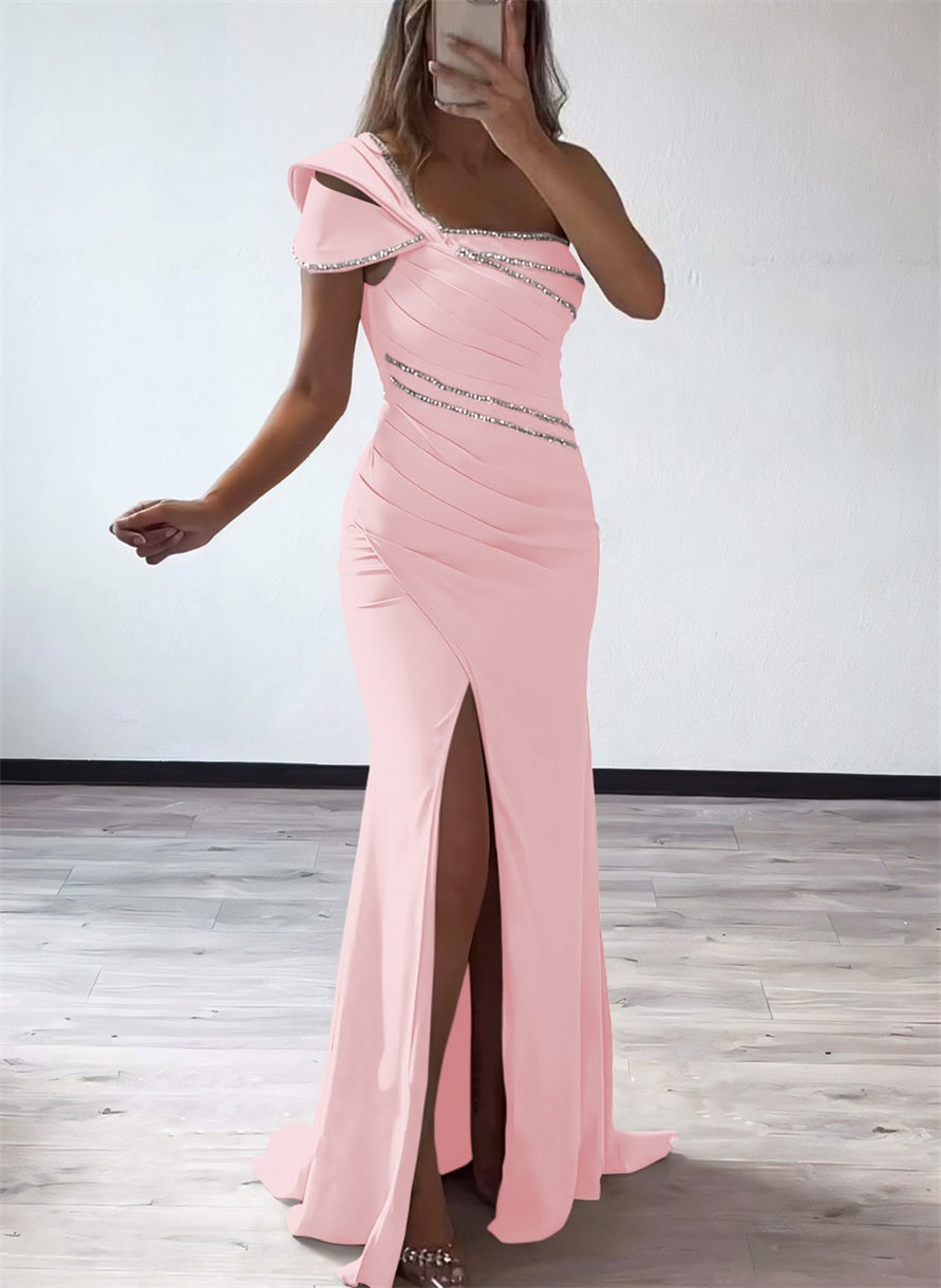One Shoulder Elastic Satin Bridesmaid Dresses With Beading