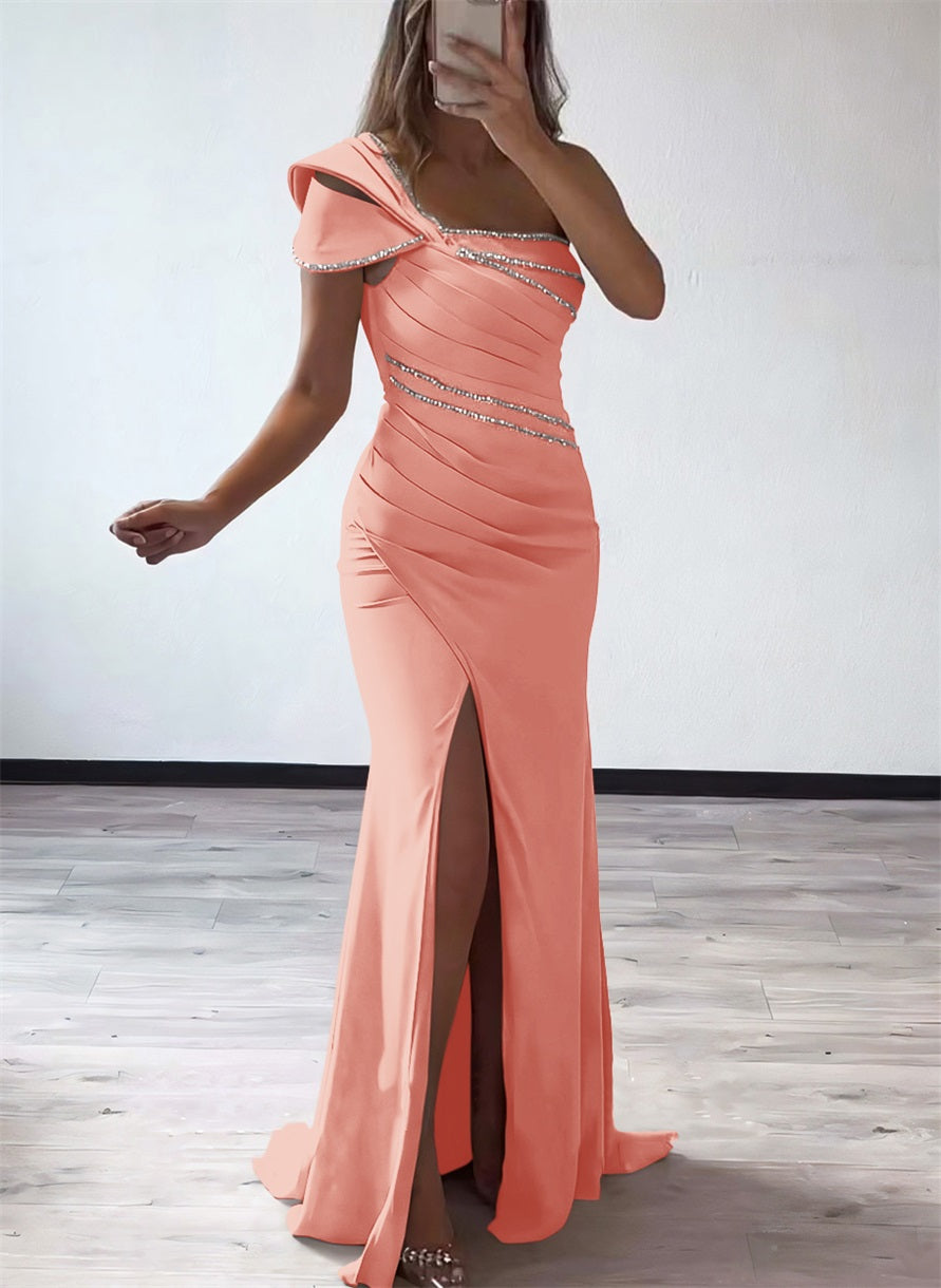 One Shoulder Elastic Satin Bridesmaid Dresses With Beading