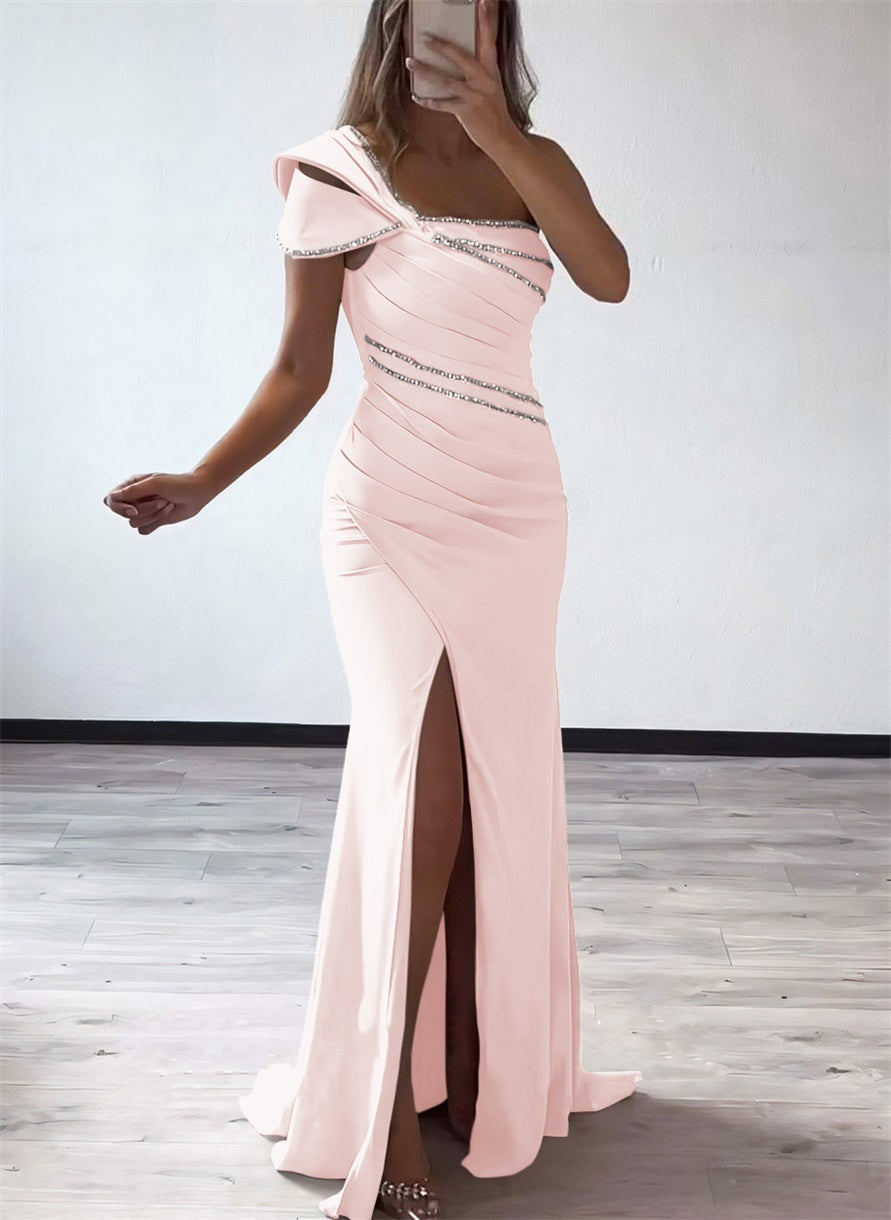 One Shoulder Elastic Satin Bridesmaid Dresses With Beading