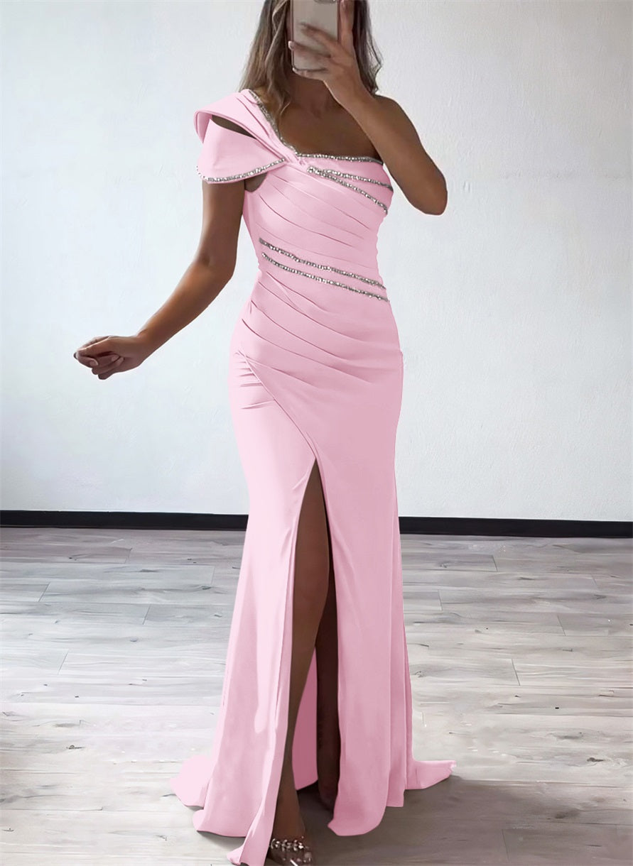 One Shoulder Elastic Satin Bridesmaid Dresses With Beading