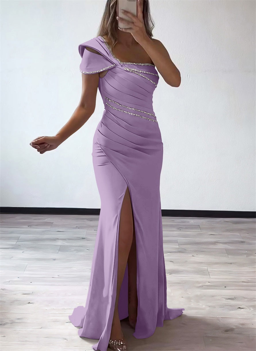 One Shoulder Elastic Satin Bridesmaid Dresses With Beading