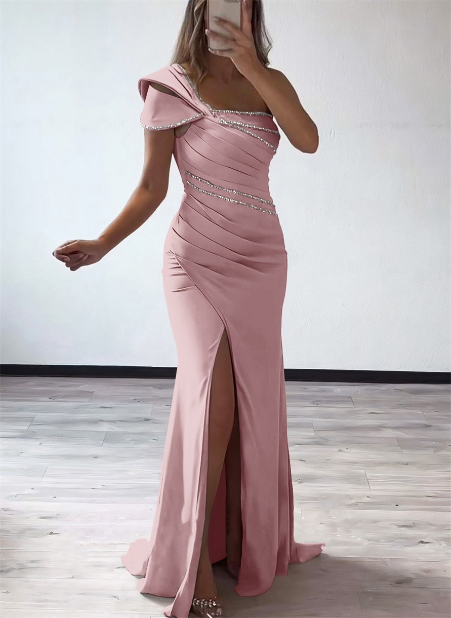 One Shoulder Elastic Satin Bridesmaid Dresses With Beading