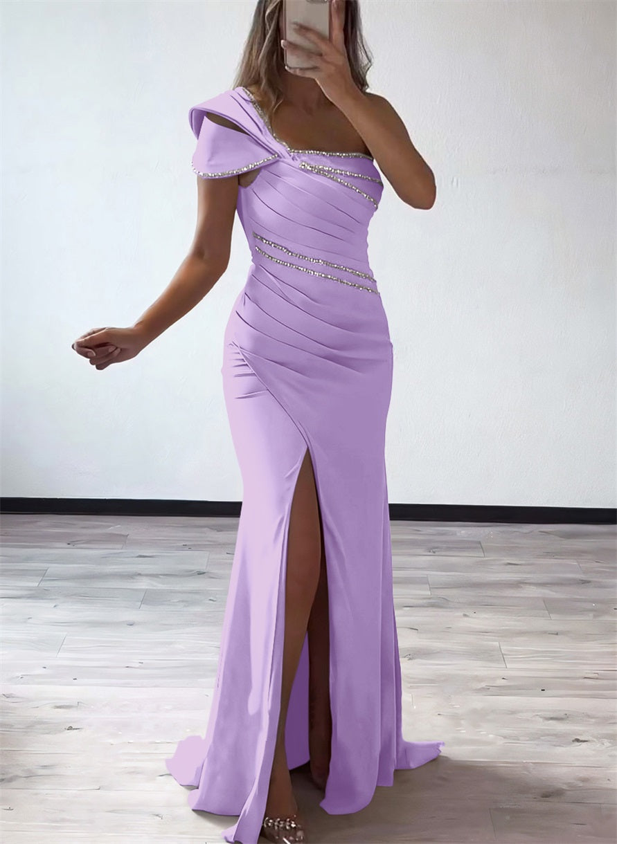 One Shoulder Elastic Satin Bridesmaid Dresses With Beading