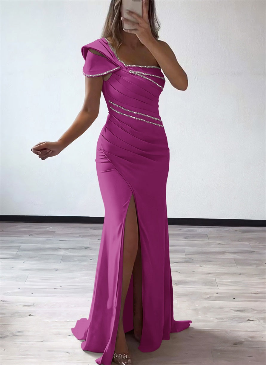 One Shoulder Elastic Satin Bridesmaid Dresses With Beading
