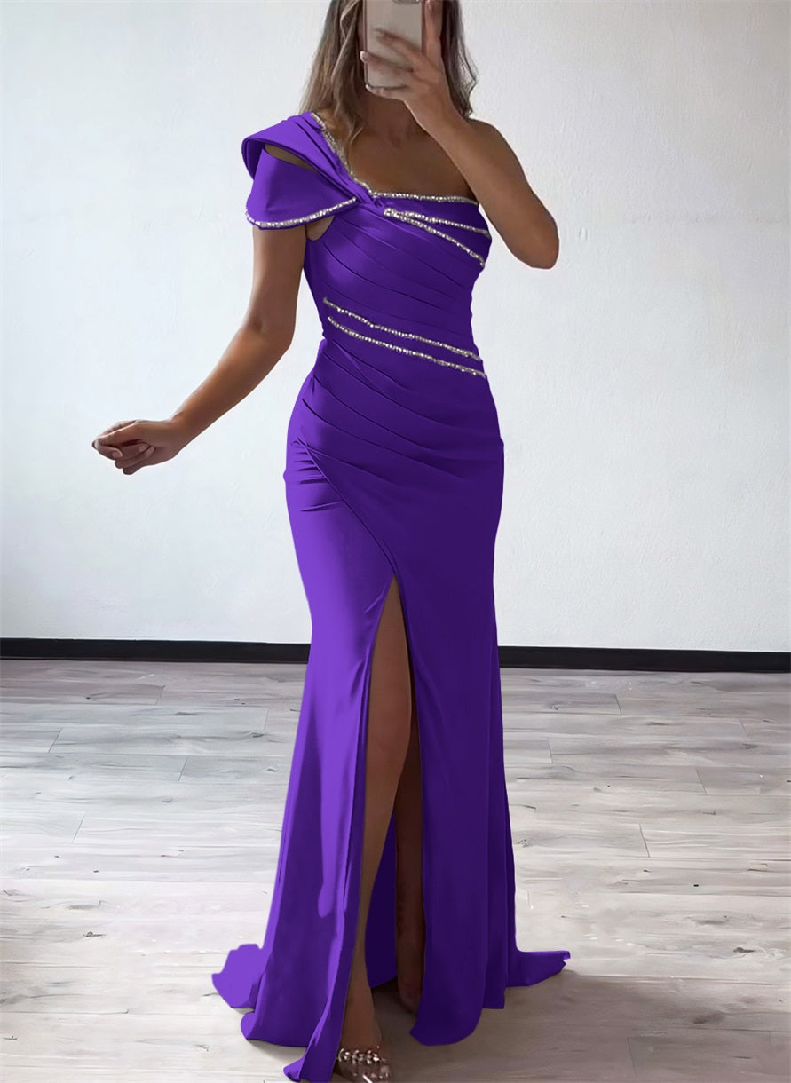 One Shoulder Elastic Satin Bridesmaid Dresses With Beading