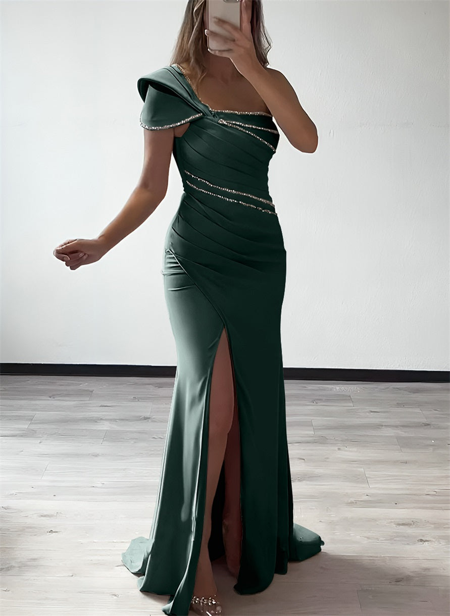 One Shoulder Elastic Satin Bridesmaid Dresses With Beading
