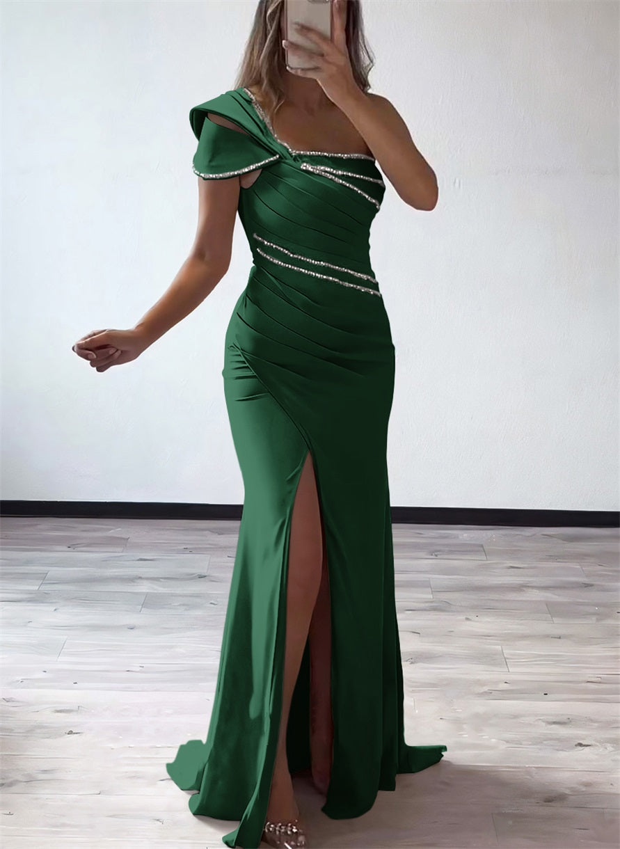 One Shoulder Elastic Satin Bridesmaid Dresses With Beading