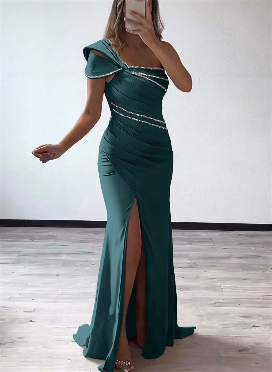 One Shoulder Elastic Satin Bridesmaid Dresses With Beading
