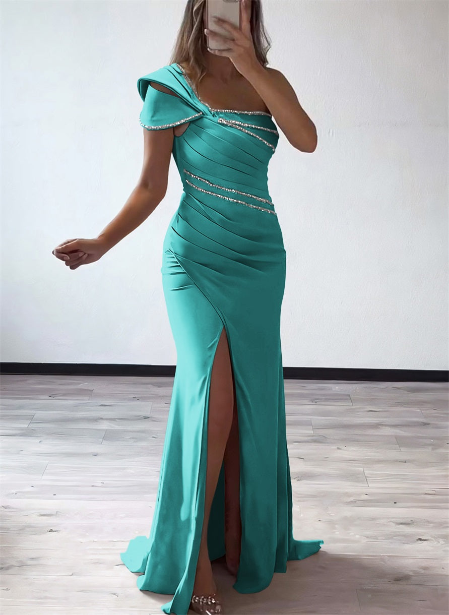 One Shoulder Elastic Satin Bridesmaid Dresses With Beading