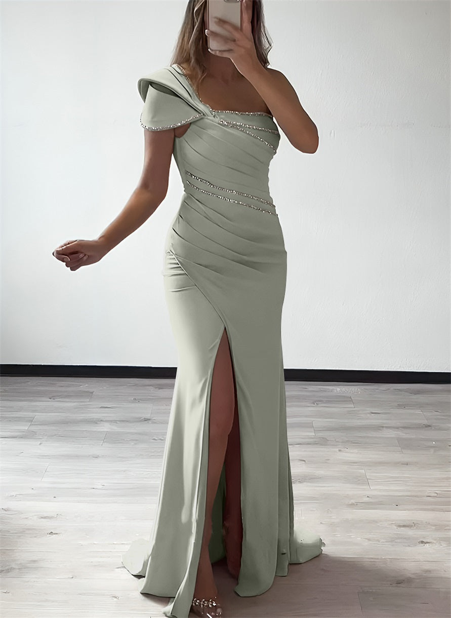 One Shoulder Elastic Satin Bridesmaid Dresses With Beading