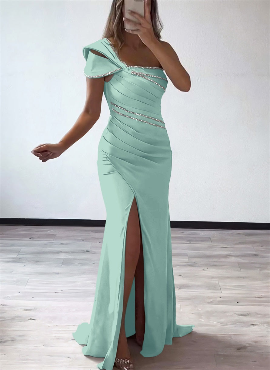 One Shoulder Elastic Satin Bridesmaid Dresses With Beading