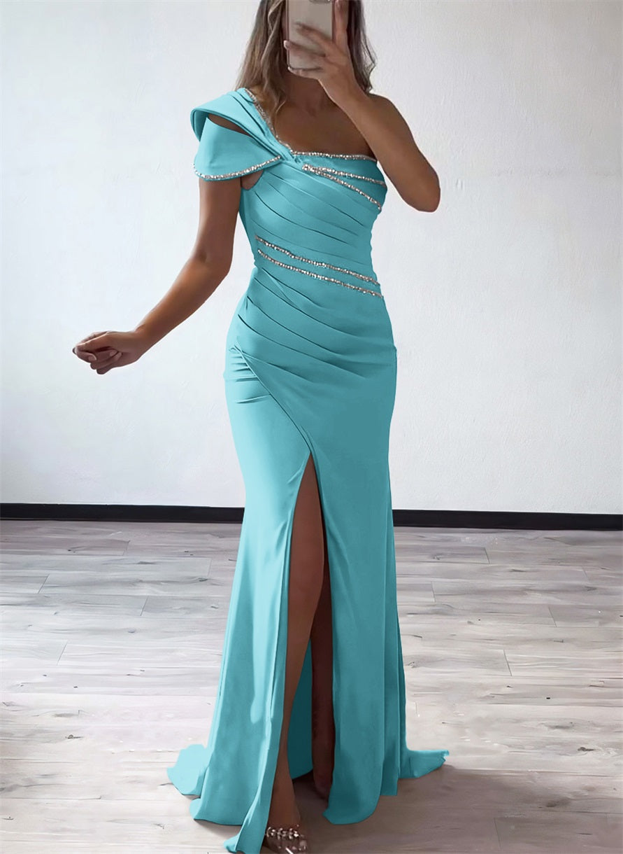 One Shoulder Elastic Satin Bridesmaid Dresses With Beading