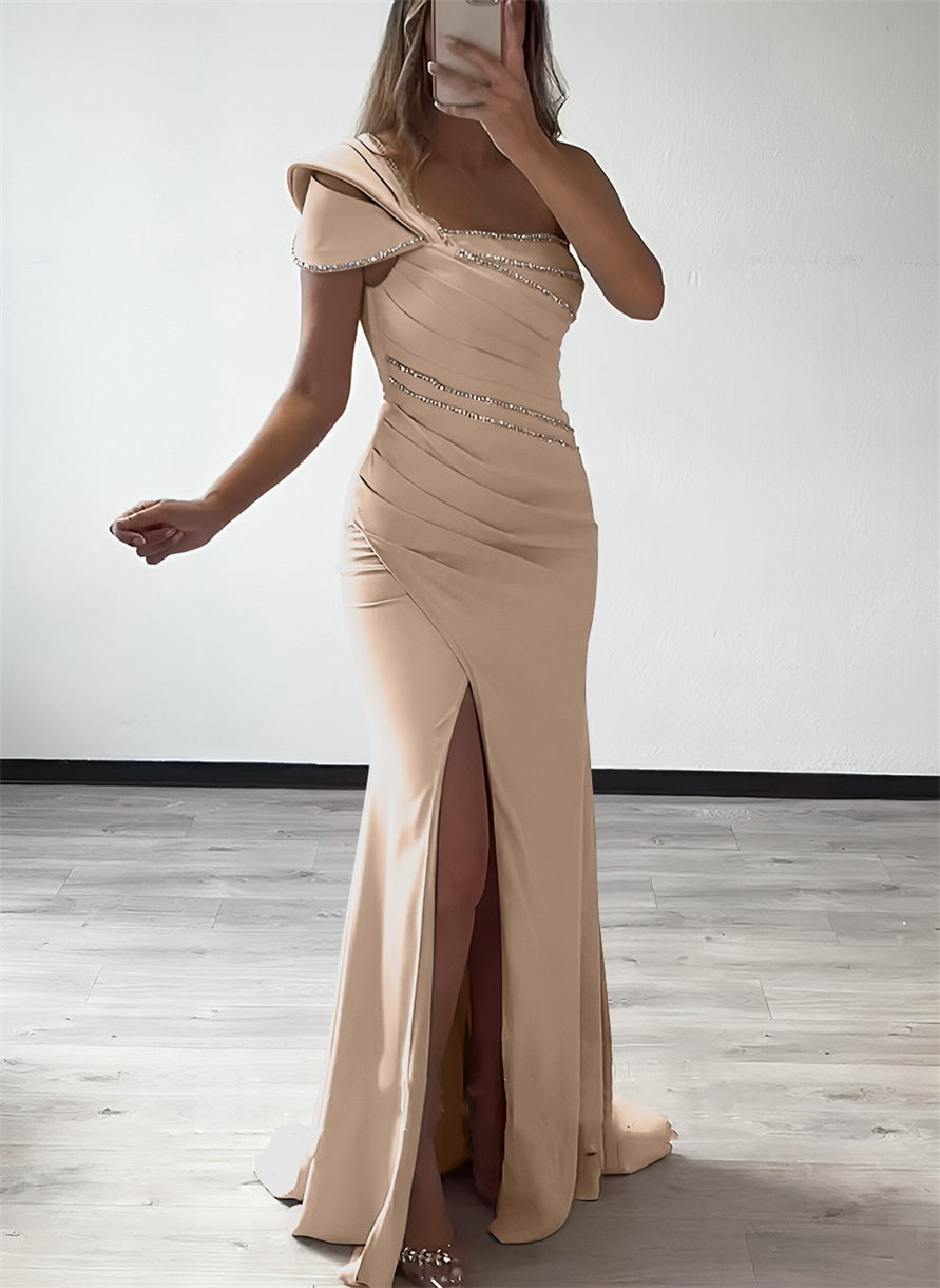 One Shoulder Elastic Satin Bridesmaid Dresses With Beading
