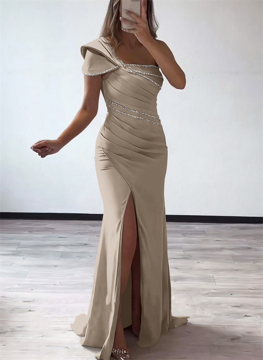 One Shoulder Elastic Satin Bridesmaid Dresses With Beading