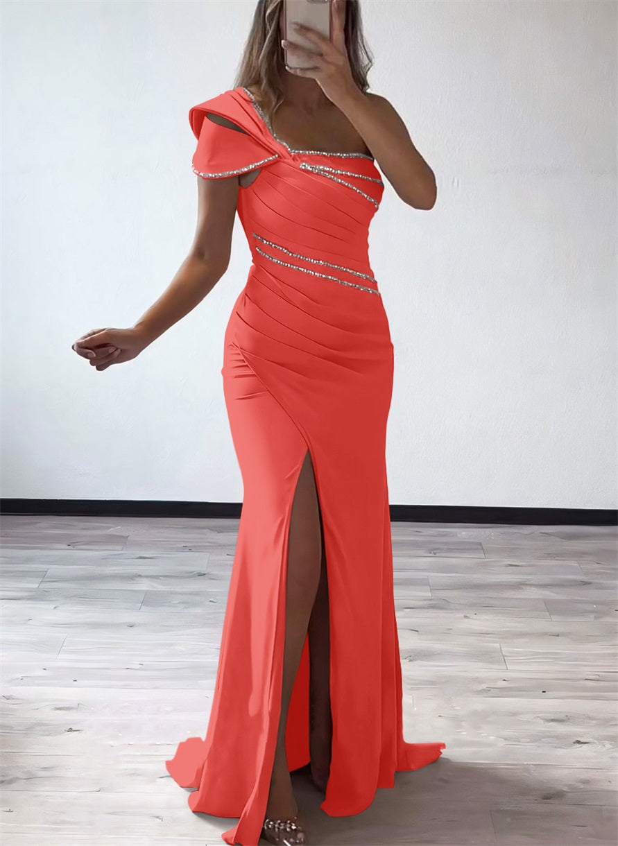 One Shoulder Elastic Satin Bridesmaid Dresses With Beading
