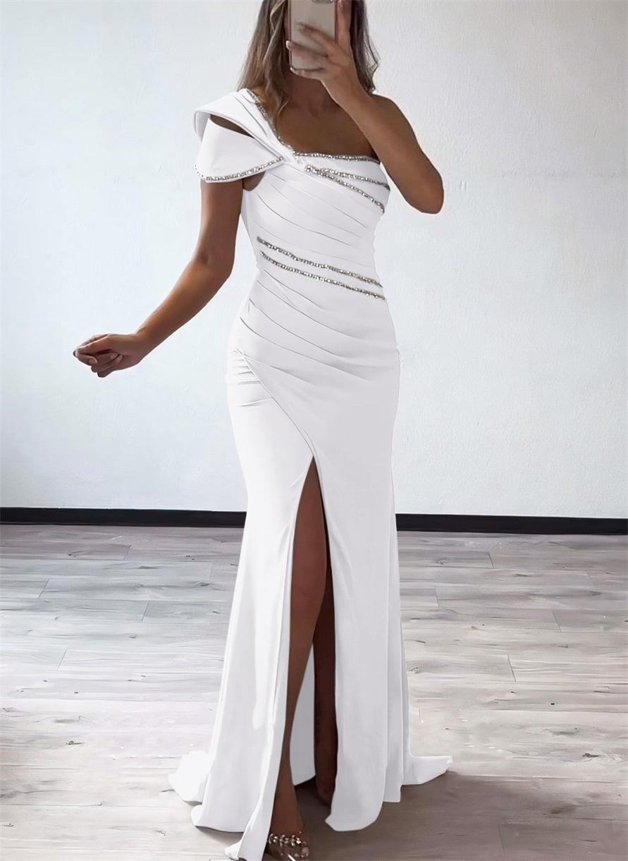 One Shoulder Elastic Satin Bridesmaid Dresses With Beading