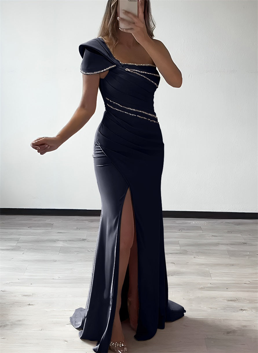 One Shoulder Elastic Satin Bridesmaid Dresses With Beading
