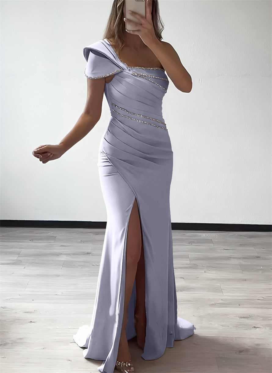 One Shoulder Elastic Satin Bridesmaid Dresses With Beading
