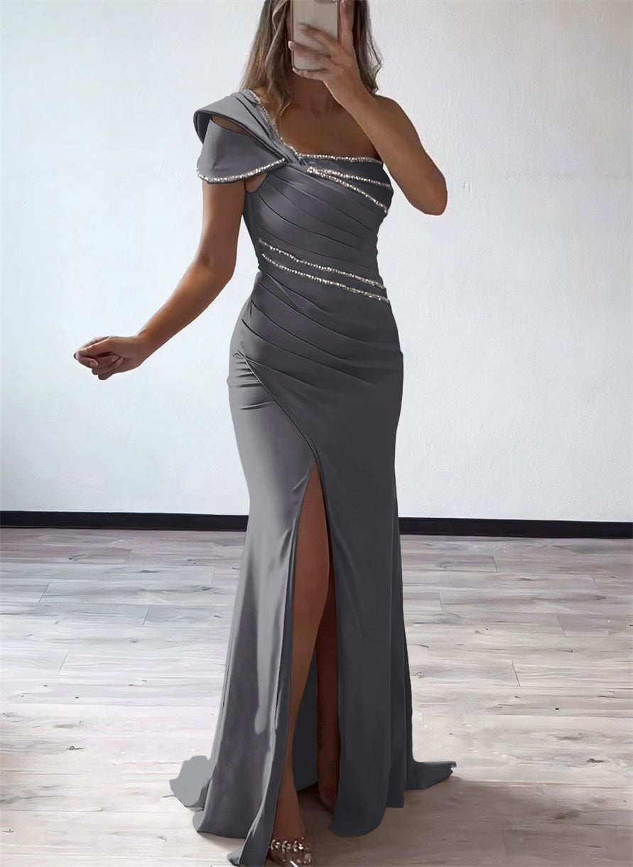 One Shoulder Elastic Satin Bridesmaid Dresses With Beading