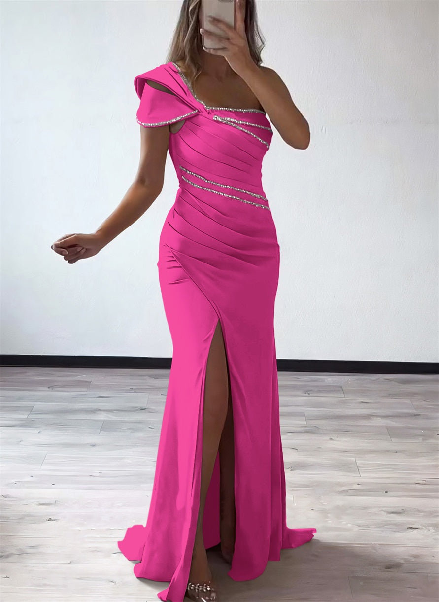 One Shoulder Elastic Satin Bridesmaid Dresses With Beading