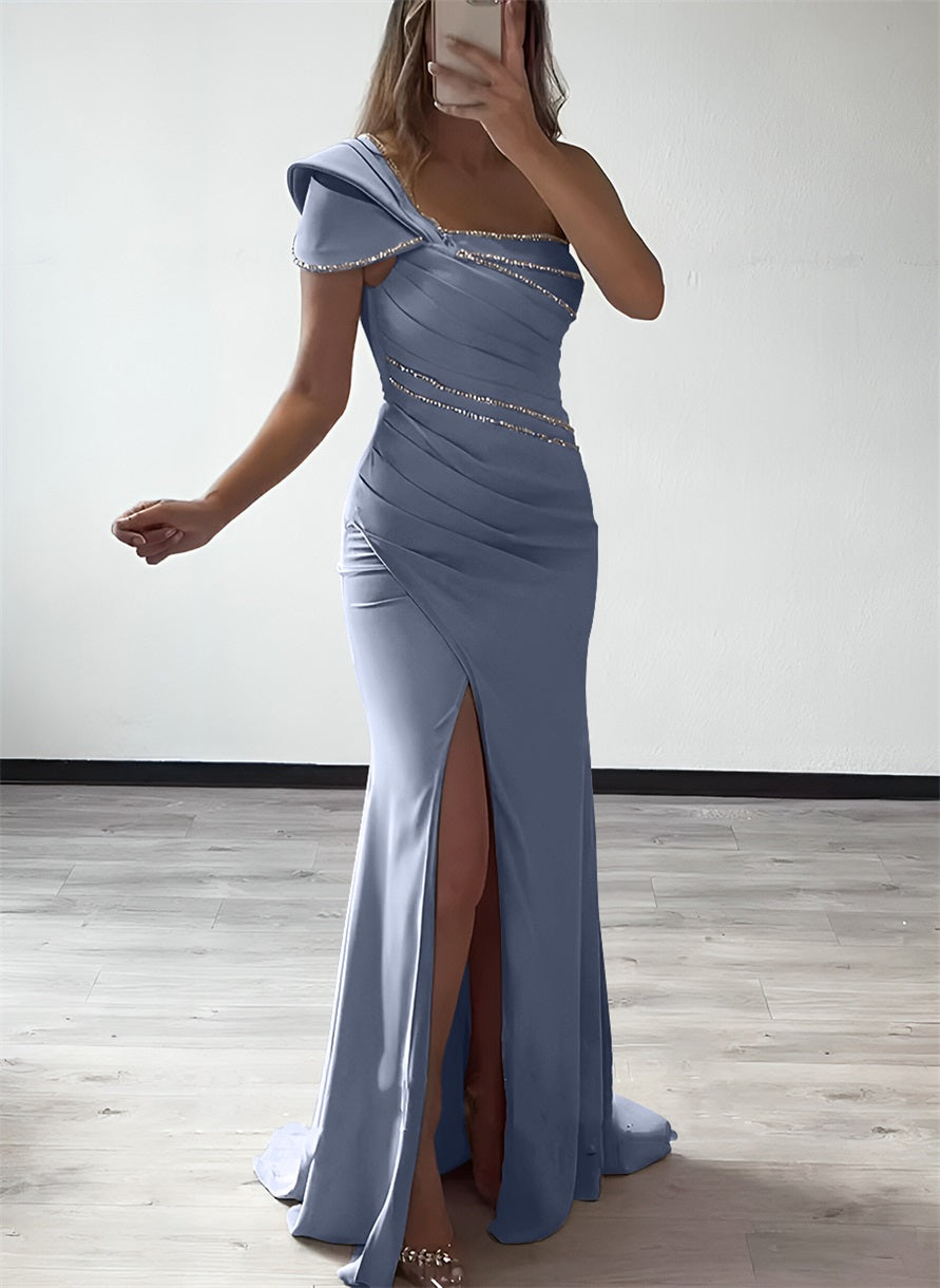 One Shoulder Elastic Satin Bridesmaid Dresses With Beading
