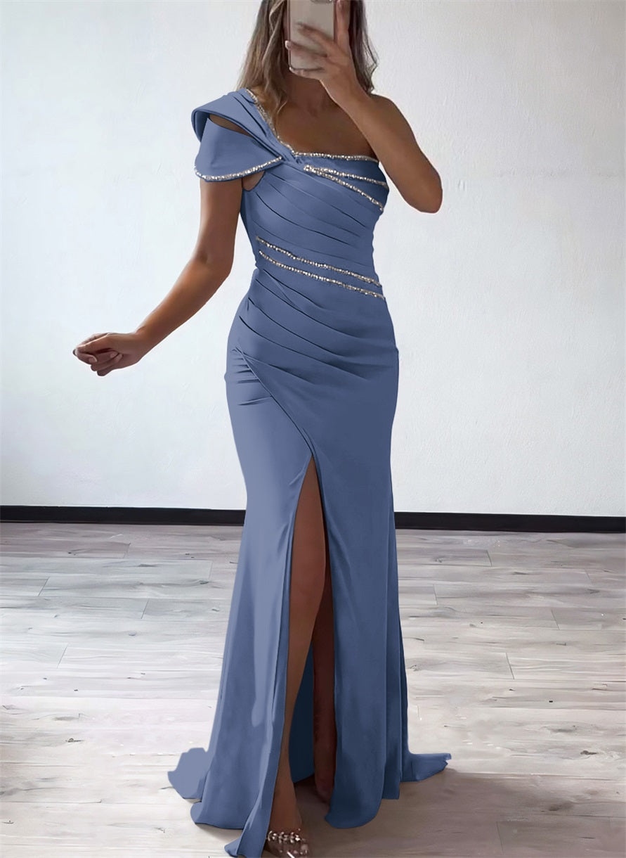 One Shoulder Elastic Satin Bridesmaid Dresses With Beading