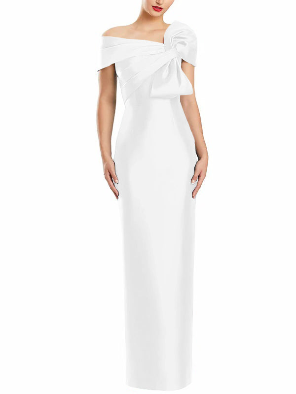 One-Shoulder Floor-Length Mother of the Bride Gown with Bow in Sheath/Column Style