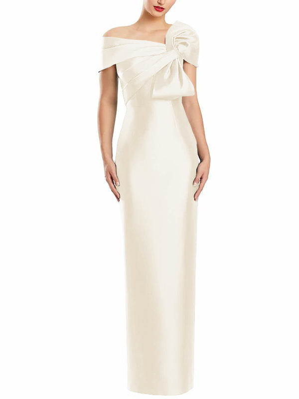 One-Shoulder Floor-Length Mother of the Bride Gown with Bow in Sheath/Column Style