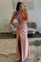 One Shoulder Floral Blush Prom Dress Corset Formal Dress With Slit