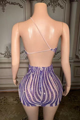 One Shoulder Homecoming Dress Purple Beaded Bodycon Cocktail Party Dress