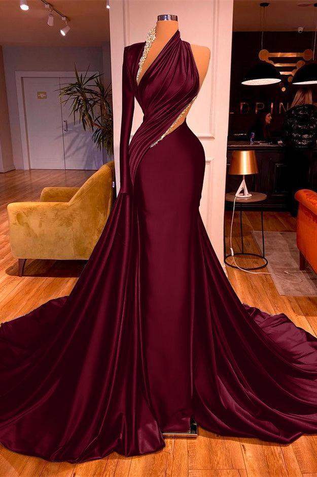 One Shoulder Long Sleeves Mermaid Evening Dress Long with Beadings