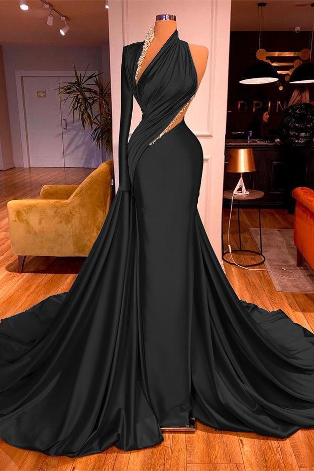 One Shoulder Long Sleeves Mermaid Evening Dress Long with Beadings