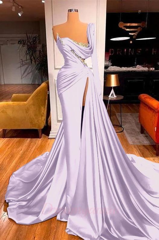 One Shoulder Long Sleeves Prom Dress Slit Mermaid Party Gowns Overskirt