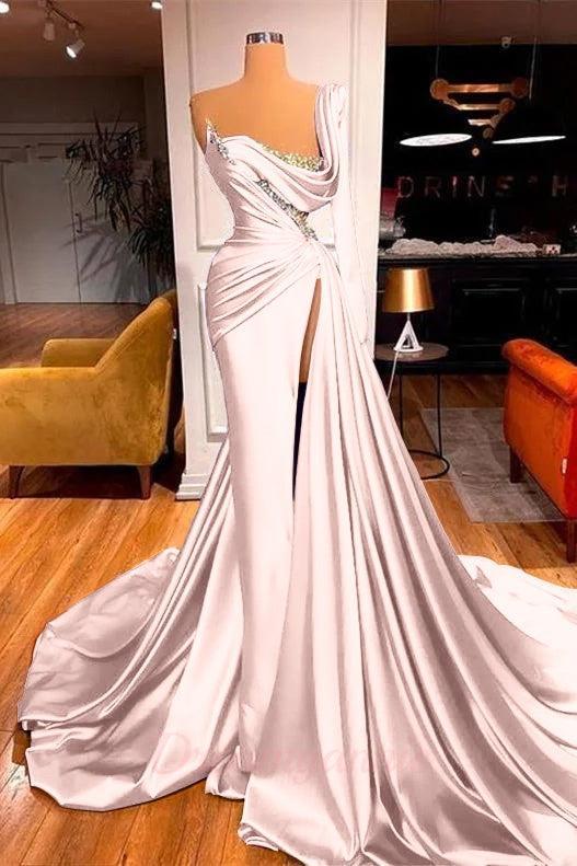 One Shoulder Long Sleeves Prom Dress Slit Mermaid Party Gowns Overskirt
