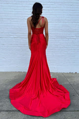 One Shoulder Mermaid Black Prom Dress Satin Long Formal Dress With Slit