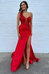 One Shoulder Mermaid Black Prom Dress Satin Long Formal Dress With Slit