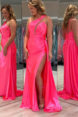 One Shoulder Pink Prom Dress Satin Long Formal Dress With Slit